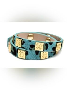 Rustic Cuff Turquoise Leopard Double Wrap Bracelet with Gold Square Studs